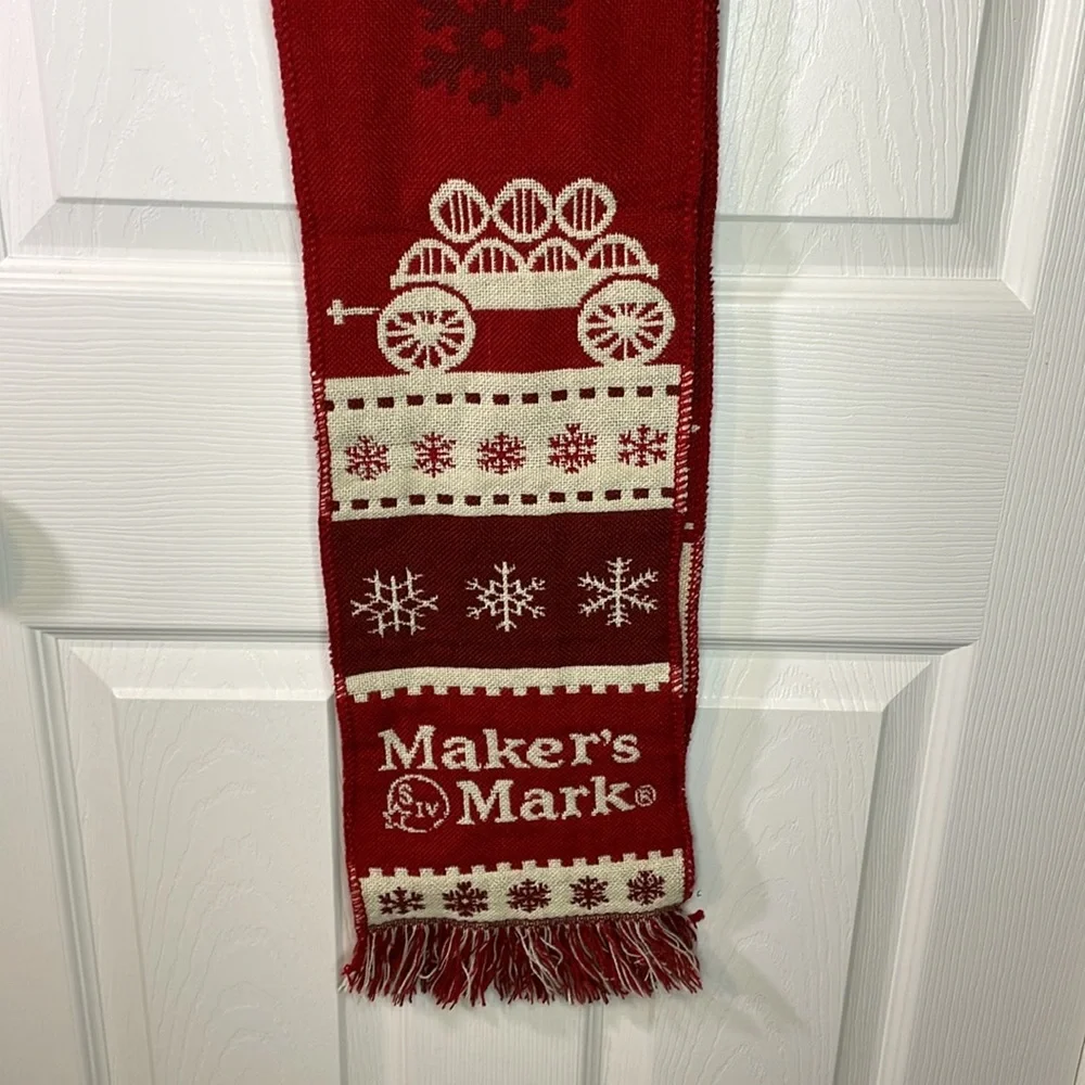 Maker’s Mark red / ivory holiday scarf with snowflakes trees & fringe trim